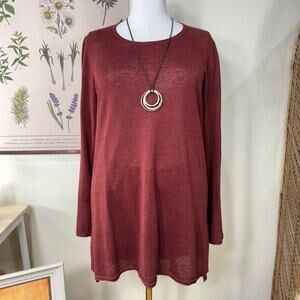 Gudrun Sjoden Red Orange Linen Knit Long Sleeve Oversized Tunic Top Lagenlook M